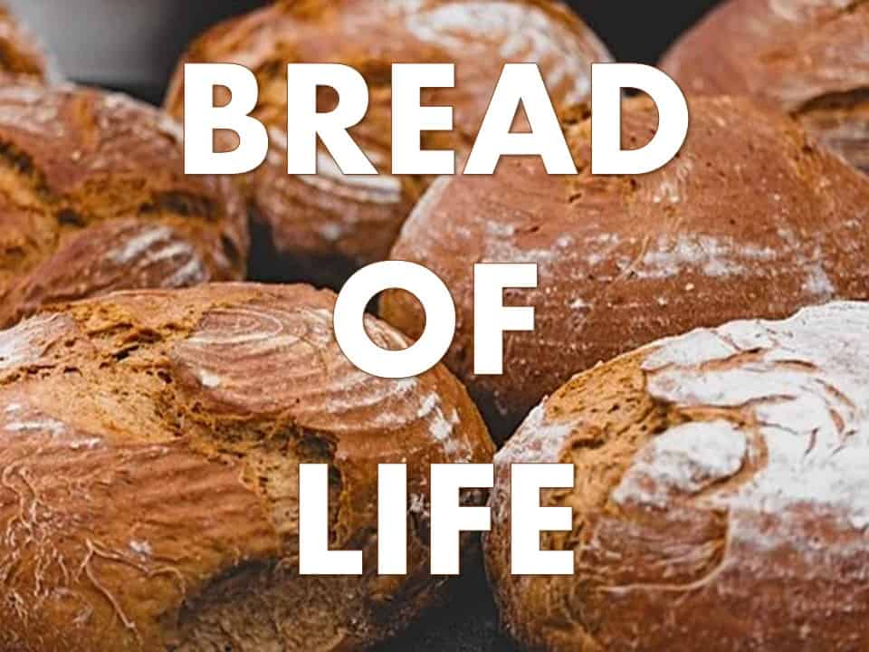 text: bread of life. picture of loaves of bread